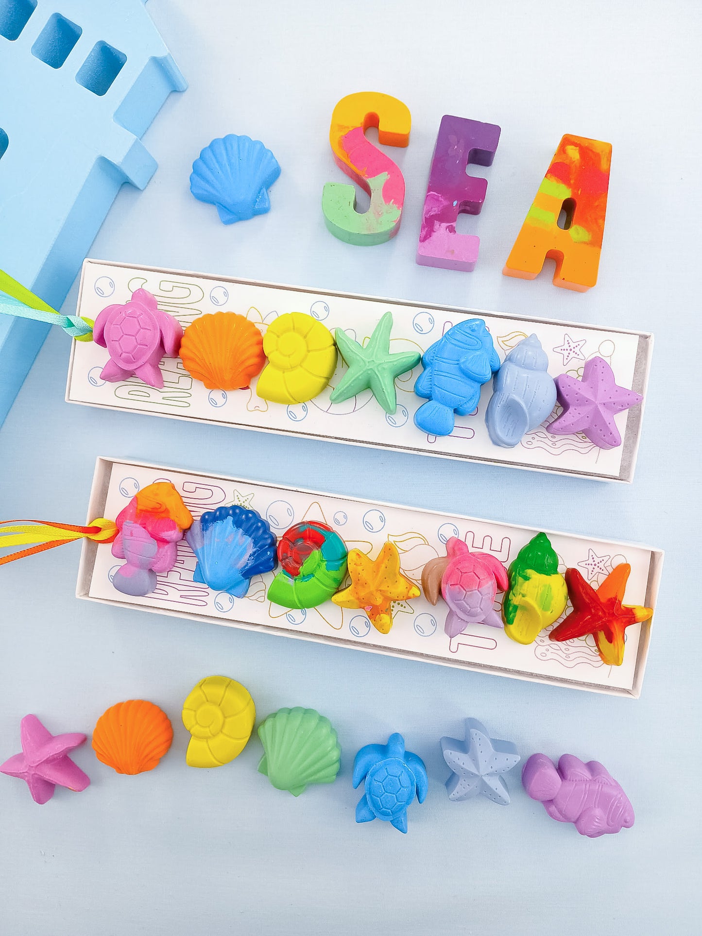 Personalized colorful ocean-themed crayons plus coloring card, in pastel solid colrors and multicolor option. Hhandmade non-toxic crayons for birthdays