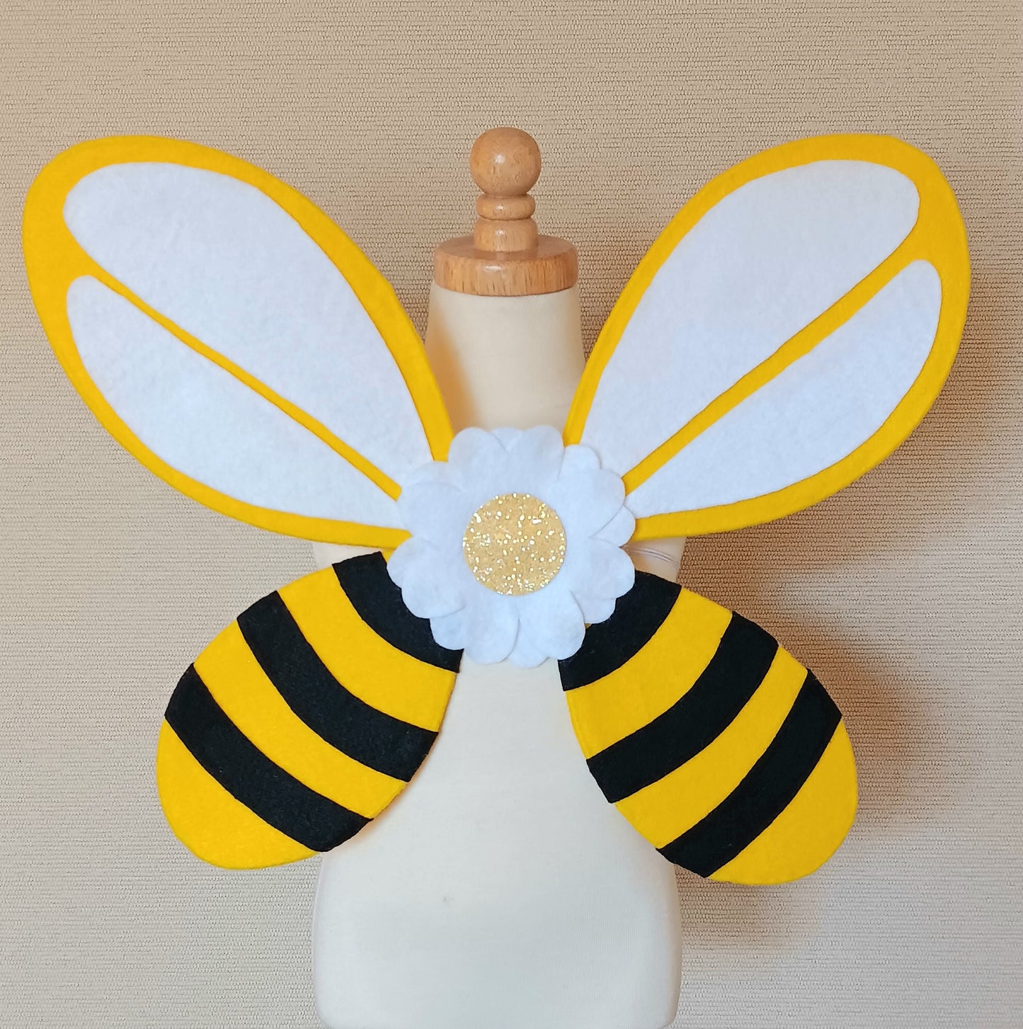 Handmade Bee Fairy Wings Costume for Toddlers – Yellow and Black Striped Bee-Themed Dress Up Wings with Flower Center – Perfect for Halloween, Birthday, or Everyday Play. Only available at rainbowsanddreamsshop

