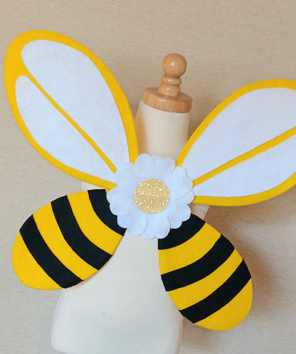 Handmade Bee Fairy Wings Costume for Toddlers – Yellow and Black Striped Bee Wings with Floral Center – Perfect for Halloween, Birthdays, or Dress-Up Fun – Exclusively available at rainbowsanddreamsshop.com