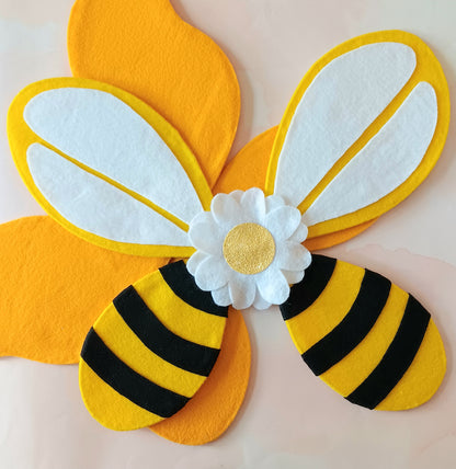 Handmade Bee Fairy Wings Costume for Toddlers – Yellow and Black Striped Bee Wings with Floral Center – Perfect for Halloween, Birthday Parties, or Everyday Dress-Up Fun.Only available at rainbowsanddreamsshop.com