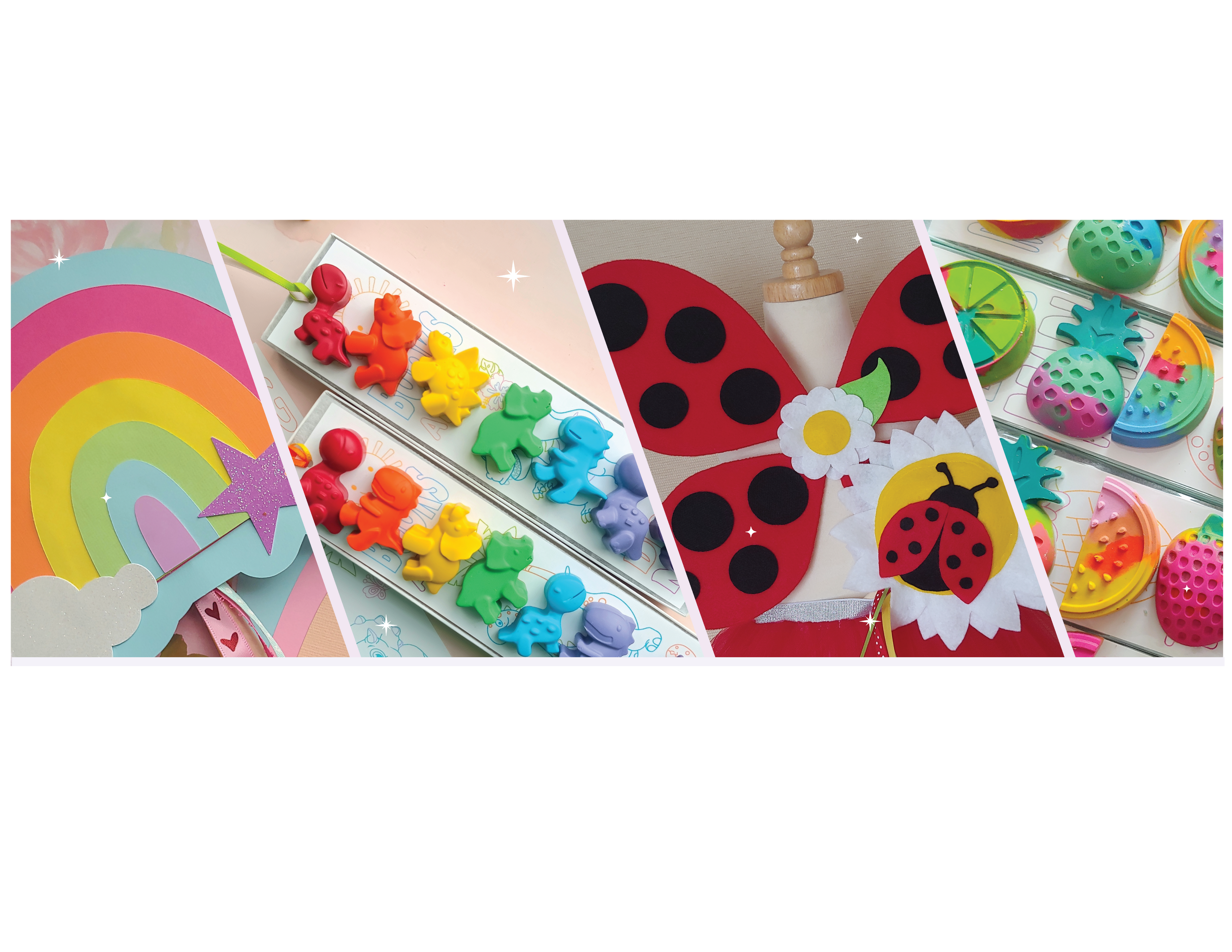 Collage of handmade kids party products from Rainbows and Dreams Shop, including rainbow wands, colorful bear-shaped crayons, wearable ladybug fairy wings, and textured DIY craft kits. Designed for creative parents, teachers, and party planners seeking fun, non-toxic, handmade favors and imaginative gifts. Perfect for birthdays, classrooms, and play-based learning. Whimsical, inclusive, and proudly made in the USA