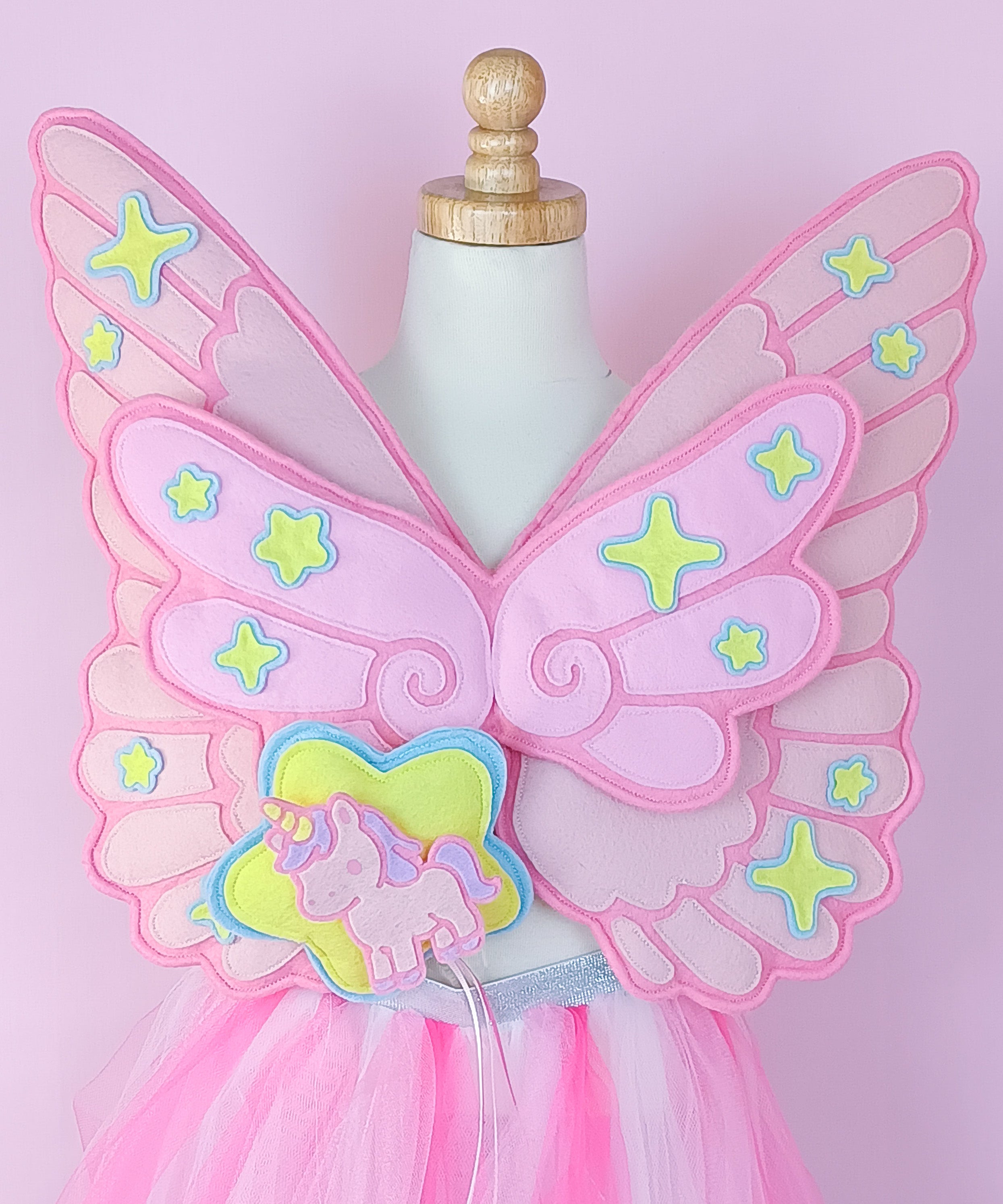 Exclusive Rainbows & Dreams Shop Pegasus fairy wings in premium wool felt with unicorn wand charm, handmade kids costume