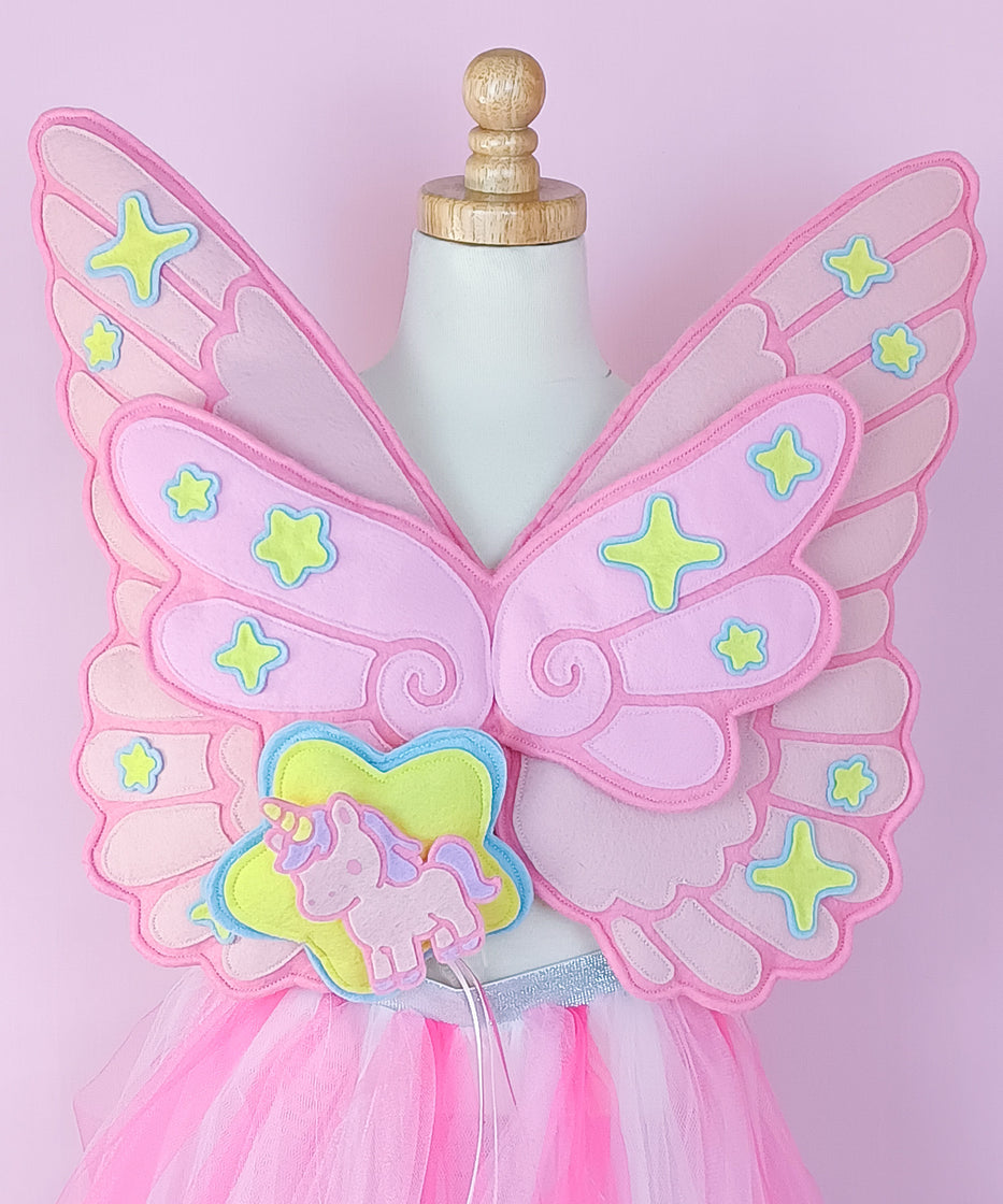 Exclusive Rainbows & Dreams Shop Pegasus fairy wings in premium wool felt with unicorn wand charm, handmade kids costume