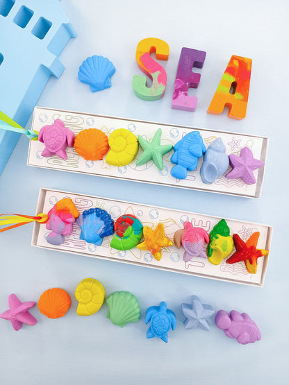 Personalized colorful ocean-themed crayons plus coloring card, in pastel solid colrors and multicolor option. Hhandmade non-toxic crayons for birthdays