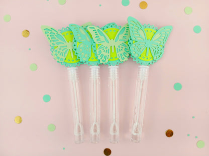 Mint green and lime yellow butterfly bubble wands with double-layered paper toppers, ideal for spring parties or bug-themed birthday celebrations